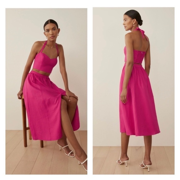 Reformation Dresses & Skirts - NWT REFORMATION Hot Pink Orzo Linen Two Piece Sleeveless Midi Dress US 2 Barbie